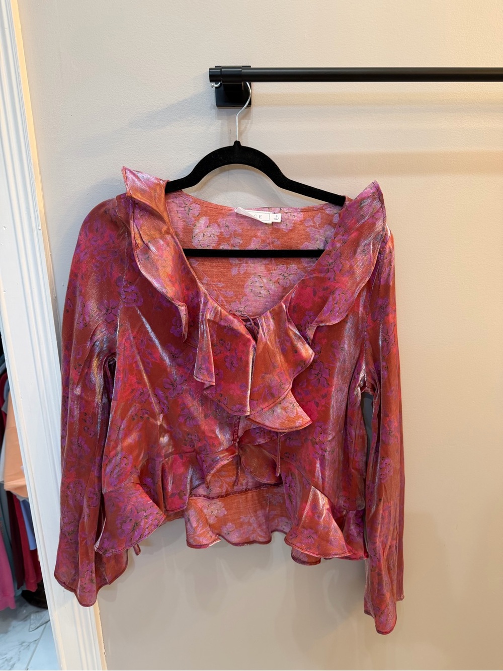 Boutique Ruffled Floral Sheen Blouse - Pink
